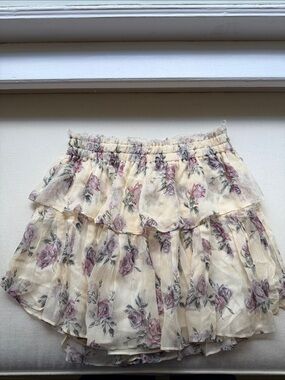 LoveShackFancy Cream Floral Tiered Ruffle Skirt with Pink Roses